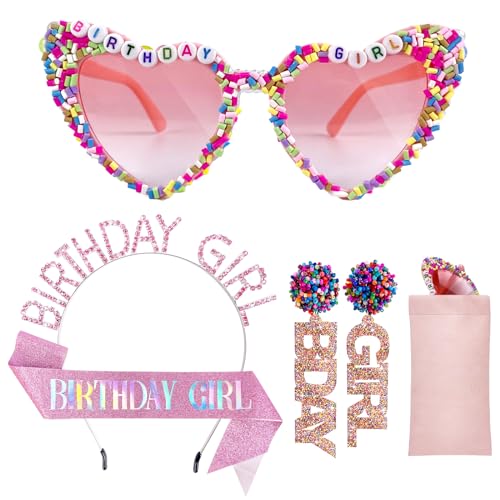 Birthday Sunglasses with Crown, Sash & Earrings, Glasses Headband for Women, Birthday Gifts Accessories Outfits Pink Decorations Party Favors