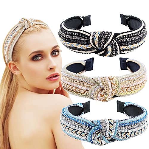 Ondder 3 Pack Knotted Headbands for Women Vintage Top Knot Headbands Boho Retro Handmade Headbands Embroidery Pearl Rhinestone Headbands Crystal Shinny Turban Headbands