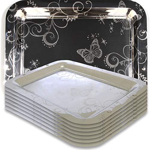 Maro Megastore (Lot de 8) Plateau de service rectangulaire en miroir chromé rectangulaire de 36 cm x 26 cm avec une partie gravée du papillon Ts-033