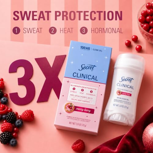 Image of Secret Clinical 100HR Sweat & Odor, Clear Gel Antiperspirant Deodorant for Women, 3X Stress Protection with Hyaluronic Acid, PH Balancing Minerals, Merry Berry Scent, 2.6 oz