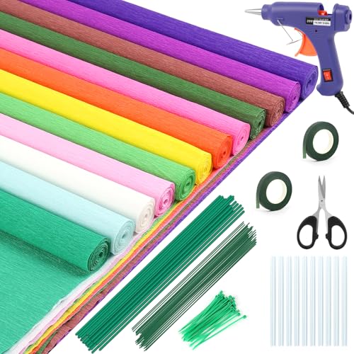 176 Pcs Crepe Paper Roll Set 12-Color 16.598 Inches Heavy Crepe Paper with Glue Gun Scissors Wire Gardening Tape Suitable for Handmade Paper Flowers DIY Projects Wedding & Party Decorations