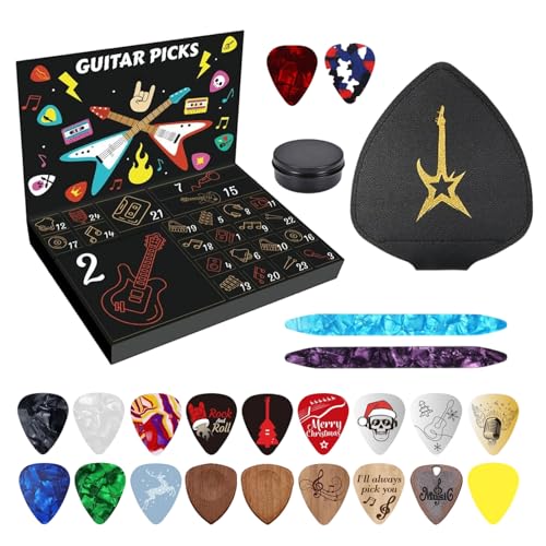 ギターピックアドベントカレンダー、24日間のミュージカルクリスマスカウントダウン、PUレザーケース、木製とABSピック、31x21x4cm エレキギターピックセット 大人、ティーン、キッズ用