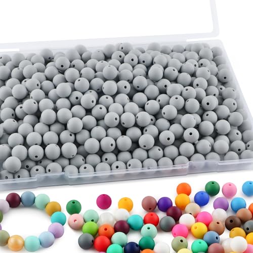 Sunrony 240Pcs 12mm Silicone Beads for Keychain Making, Round Silicone Beads for Pens and Necklace Bracelet Crafts Making(Light Gray)
