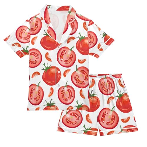 ALAZA Red Tomato Slices Pajamas Satin Pajama Set Short Sleeve Button Down Sleepwear