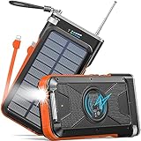Solar Power Bank 36800mAh, Emergency FM Radio & Bluetooth Speaker, Built-in 2 Cables and Kickstand 15W Fast Charging LED Flashlight, USB C Input/Output Compatible with All Mobile Devices (Black)
