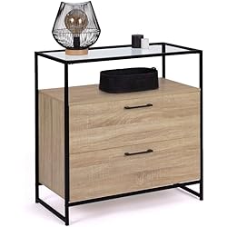Cajoneras Con Frente De Cristal IDMarket - Cajonera 2 cajones Solano Diseño Industrial con estante de cristal
