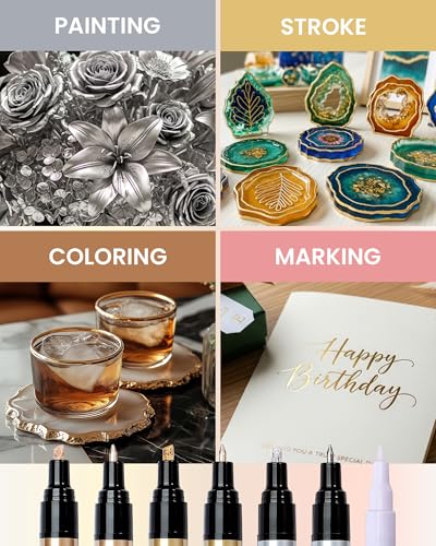 Image of Resiners 6 PCS Liquid Paint Markers, Silver, Light Golden, Mocha Golden Permanent Mirror Metal Markers, Reflective Restoration for Car Hub Model Jewelry, DIY Creations