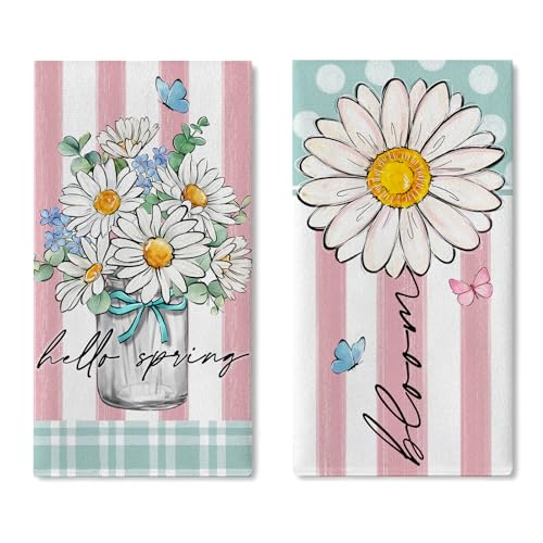 Croar Hello Spring - Juego de 2 paños de cocina con diseño de margaritas florales, toallas de mano para secar tarros de masón, paño de cocina para hornear, rayas rosas, verde azulado, decoración de