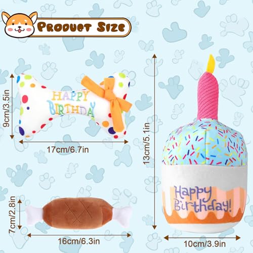 AYSYR 3 Stück Hundekuchen Geburtstag Spielzeug Set,Welpenspielzeug Quietschendes Plüschtier,Welpen Zubehör Geburtstagsknochen,Dog Toys Geburtstagsparty-Zubehör,Hunde Spielzeug Kauspielzeug