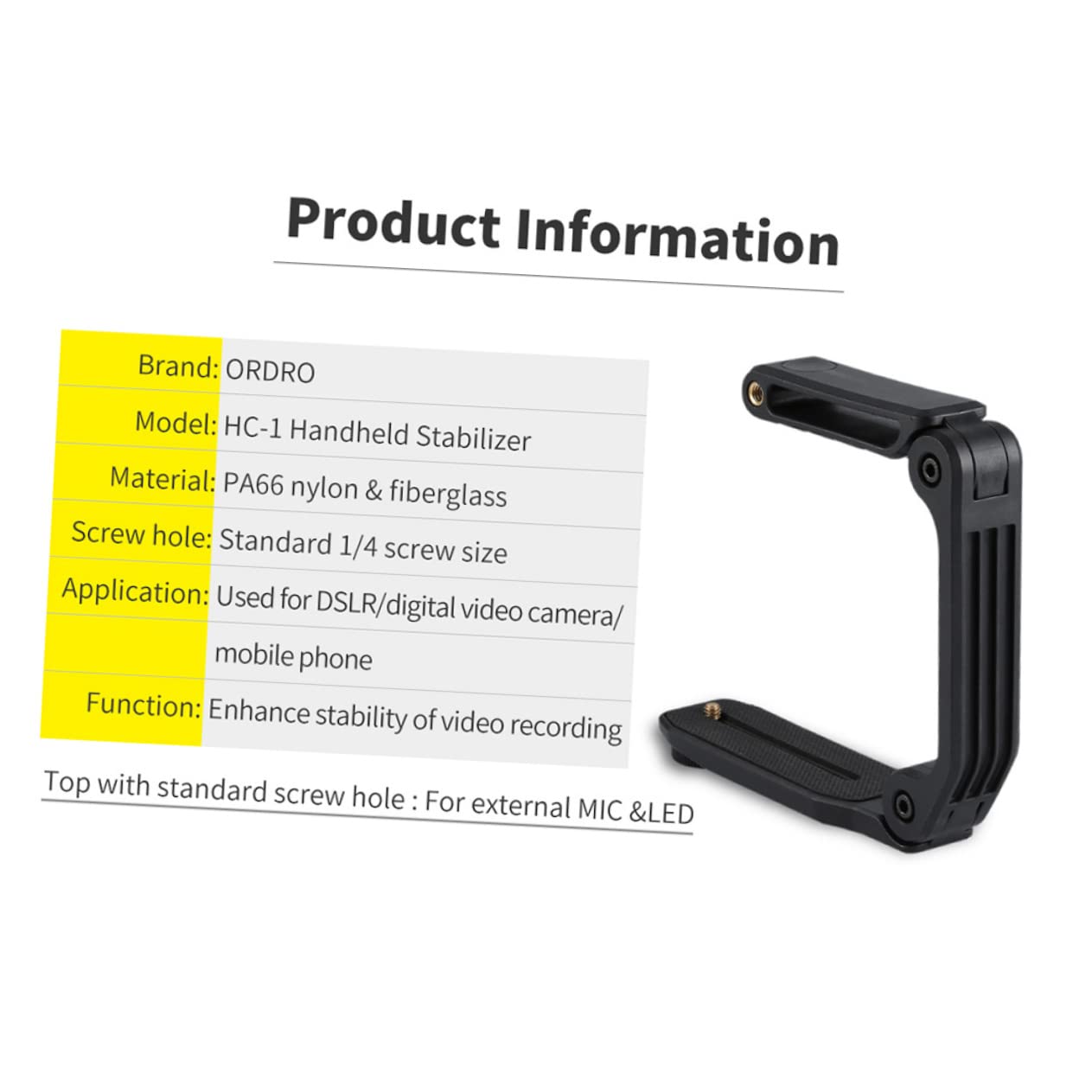 Stabilizzatore Pa66 a Nero Fotocamera in Pieghevole Nylon e Fibra di Vetro Vite 1/4 e Impugnatura U per Dslr
