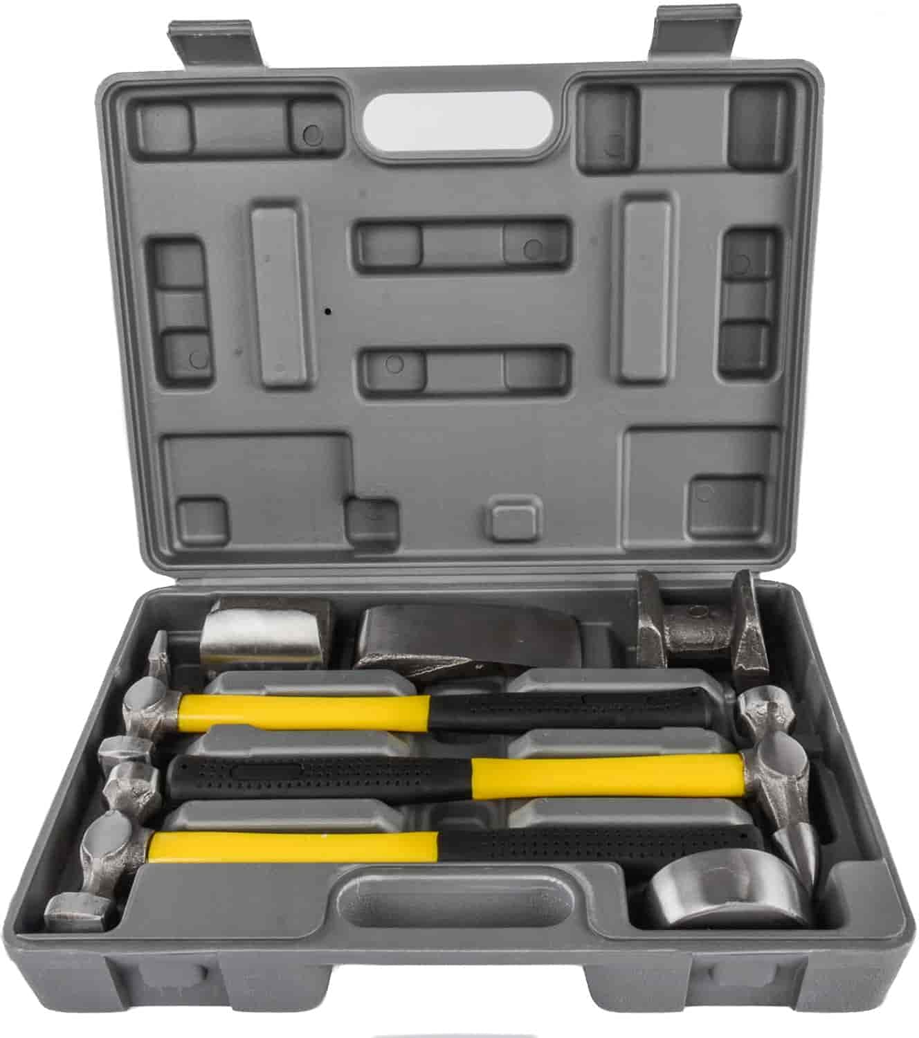 JEGS Auto Body Repair Kit | 7-Piece | Includes (3) Carbon Steel Hammer Heads With Fiberglass Handles, (4) Drop-Forged Steel Dollies, And Storage Case