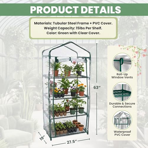 4 Tier Mini Greenhouse - Portable Greenhouse with Rust-Resistant Frame and PVC Cover for Indoor/Outdoor - 27.5x19x63-Inch Green House by Pure Garden - Thumbnail 6