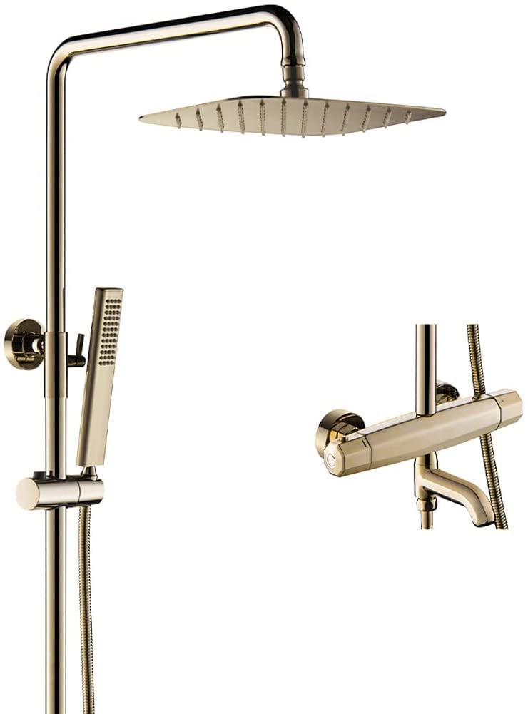 OZBMA shower set system, thermostatic d three functions wall mounted brass bathtub diverter mixer tub taps with 10 * 8 inch rainfall head and handheld shower, sho