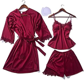 SPNP Batas Conjunto de Pijama para Mujer Pantalones Cortos Ropa de Dormir  Elegante Pijama con Bordado de Rosas, Rojo como gráfico, M: Amazon.es: Ropa