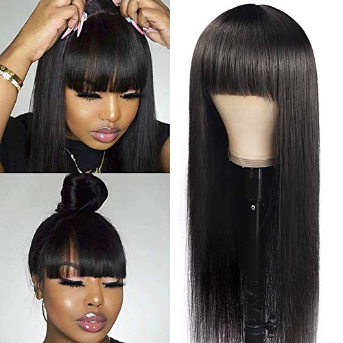 DACHIC Human Hair Wigs with Bangs Brazilian None Lace Front Wig for Women Glueless Full Machine Made Straight Wigs Natural Color 150% Density (16 Inch)