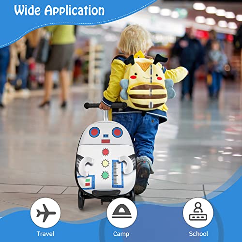 Costzon Kids Folding Ride On Suitcase Scooter, 2-IN-1 Lightweight Skateboard Luggage w/Lighted Wheels, Brake System, Carry on Suitcase for Travel, School, Outdoor (Blue Monster)