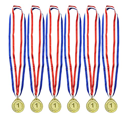 SaktopDeco 6 Pack Gold Medal Winner Awards 1st Place Medals Bulk with Neck Ribbon for Kids Sports Competitions Party Favors