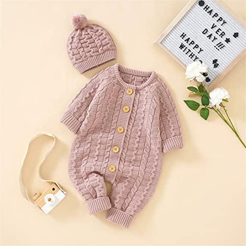Toddler Knit Jumpsuits with Hat Button Down Crochet Ribbed Plain Sweater Rompers Baby Infant Thick Warm Bodysuits3