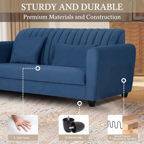 Image of Velvet 2 Seater Sofa, Chesterfield Tufted Sofa with Nailhead Trim, Rolled Arm Sofa with Wood Legs for Living Room & Office (Blue)