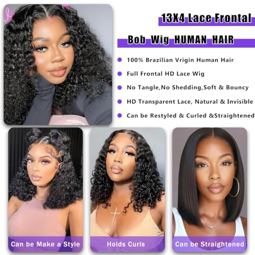 Image of SOEZ 12 Inch Bob Wig Human Hair 13x4 Deep Wave Lace Front Wigs Human Hair Short Curly Bob Wig Water Wave Human Hair Wig 180% Density Natural Black Glueless Wet Wavy Wig for Women Pre Plucked