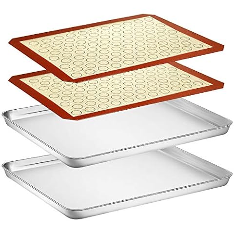 Baking Sheet with Silicone Mat Set, Yododo Set of 4 (2 Sheets + 2 Mats), Stainless Steel Cookie Sheet Baking Pan with Silicone Baking Mat, Size 16 x 12 x 1 inch, Non Toxic & Heavy Duty & Easy Clean Cover