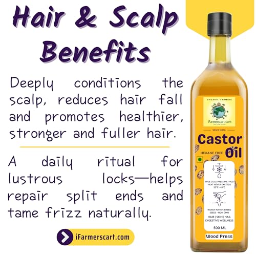 Image of Wood Pressed Castor Oil - 500 ML GLASS BOTTLE | Pure Cold-Pressed Arandi Oil | Edible Grade | Hair Growth Skin Care Eyelashes, Nails | Native Castor Seeds from Tamil Nadu | 100% Natural by Farmers Society