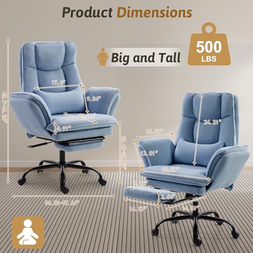 Image of Wider Seat Office Chair with Flip Armrests for Criss Cross Legged&Cats, Big and Tall Executive Ergonomic Reclining Chair with Footrest&Lumbar Pillow, Teddy Fleece Desk Chair, Blue Vanity Chair