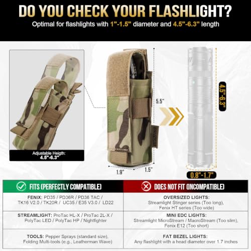 Image of OneTigris Flashlight Holster Flashlight Holder Molle Flashlight Holster Tactical Flashlight Pouch Holder for Belt 1000D Cordura Nylon