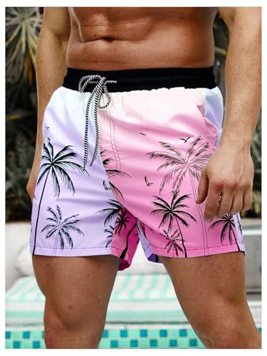 WDIRARA Men's Tropical Print Color Block Swim Trunks Drawstring Elastic Waist Beach Shorts with Pockets Pink and Purple Large3