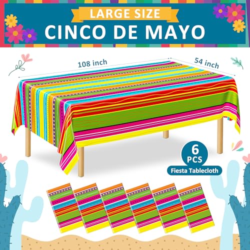 Image of 6 Pcs Mexican Party Decorations, 54 inchX108 inch Disposable Fiesta Tablecloths, Colorful Mexican Striped Tablecover Plastic Tableware Fiesta Decor for Cinco De Mayo, Taco Night, Mexico Themed Party Supplies