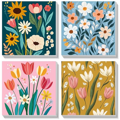 Bowetile 4 Pack Flor Pintar por Numeros Adultos Niños Principiantes con Marco, Paisaje Kit DIY Cuadros para Pintar por Numeros, Pintura Acrilica Manualidades Adultos 20X20 cm