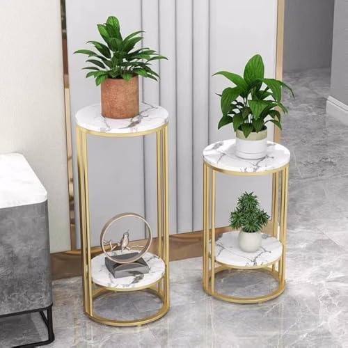 Image of Plant Stand Indoor Outdoor Metal, 2-Tier Modern Plant Shelf, Corner Flower Pot Holder, Plant Stand Table for Living Room Balcony Patio Garden Entryway Set Of 2 (Gold & White)