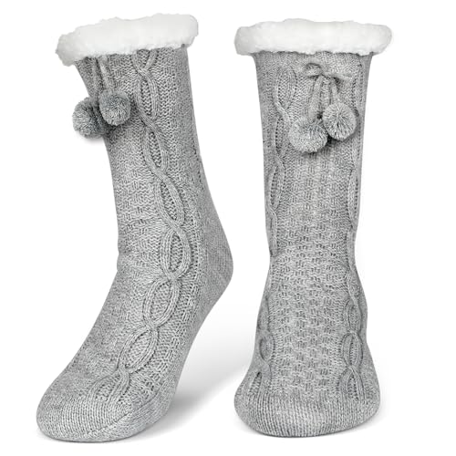 Women Slipper Fuzzy Grips Socks Fluffy Cozy Cabin Warm Winter Soft Thick Comfy Fleece Non Slip Home Socks for Women and Girls Christmas Gifts (Gray)