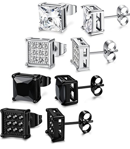 FIBO STEEL 4-8 Pairs Stainless Steel Stud Earrings for Men Women Square CZ Earrings,6-8MM2