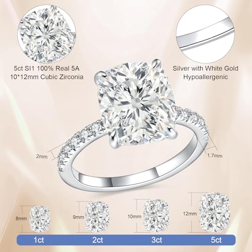 3CT/5CT Elongated Cushion Cut Engagement Ring for Women, Wedding Promise Cubic Zirconia Band, White Gold Plated Bridal Half Eternity Rings with 4 Prong, Size 5-93