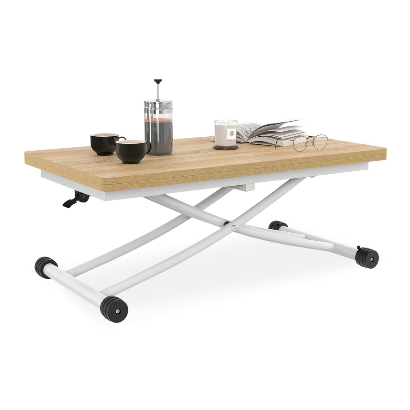 IDMarket Urbana - Mesa de centro extensible elevable en mesa de comedor rectangular (100 cm, bandeja de haya), color blanco