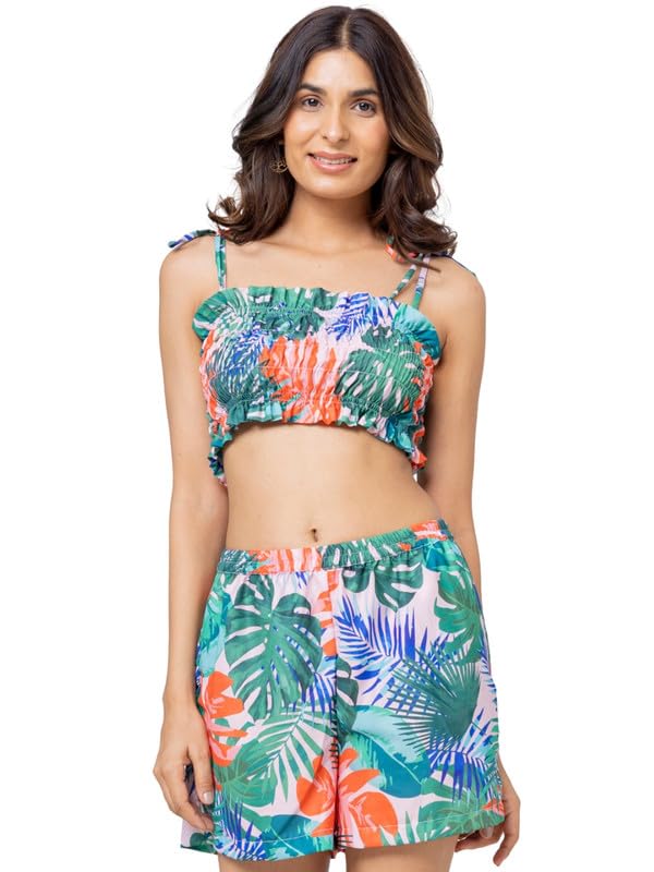 Women Poly Crepe Tropical Top & Short Beachwear Co-ord Set-image-47