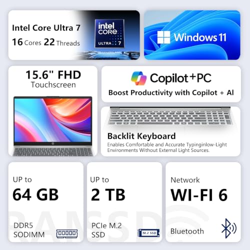 Image of HP 15.6 inch Touchscreen Ultra 7 155H 2026 Edition AI Laptop,24GB DDR5 1TB SSD