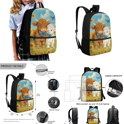 Highland Cow Cute Backpack for School Aesthetic 4 in 1 Cute Kids Lunchbag for School Kawaii Design Pencil Case with Slots for Primary School 17 Inch School Daypack4