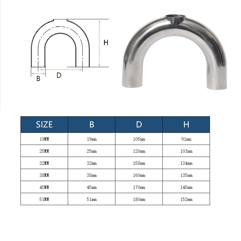 Codo 180 grados soldado con tubo de 19 mm en forma U acero inoxidable 304 para fluidos 4