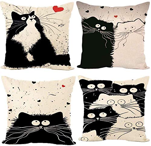 LAXEUYO Juego de 4 Cojin Fundas 45x45 cm, Gato Negro Algodón Lino Decorativa Hogar Almohadas Fundas para Sofá Cama Decoración para Hogar