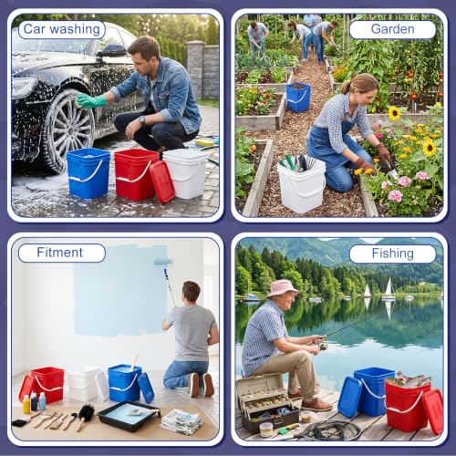 Image of Mumufy 3 Pcs 3.5 Gallon Square Food Grade Bucket with Lid Square Bucket Pail Plastic Handles for Long Term Food Storage, Camping, Fishing, Home Organization Easy Stack and Store (White,Red,Blue)