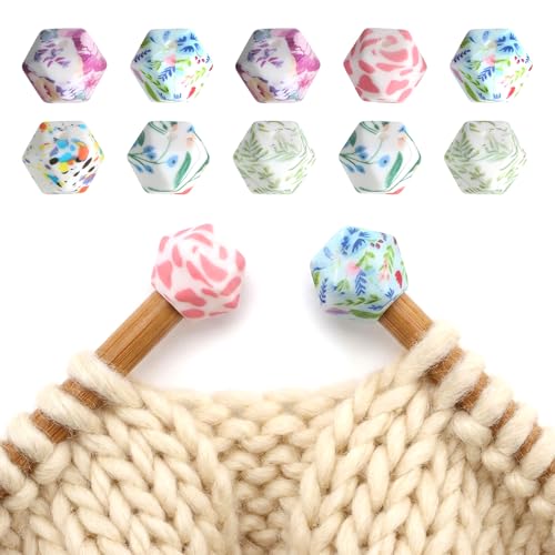 10 Pcs Knitting Needle Stoppers Hexagon Print Knitting Needle End Caps Knitting Needle Point Protectors Needle Minders for Knitting Accessories and Gadgets