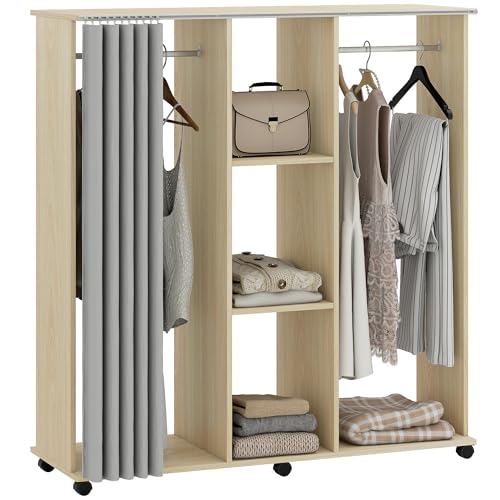 HOMCOM Armoire penderie Meuble de Rangement Mobile 6 roulettes 120L x 40l x 128H cm en Bois Naturel