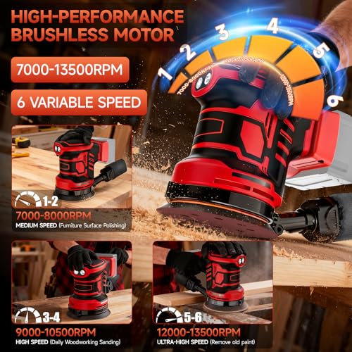 5-Inch Random Orbital Sander, Cordless Sanding Machine Compatible with Milwaukee 20V Battery(NO Battery), Brushless Electric Sander with Dust Collector (Dark Red) - Image 3