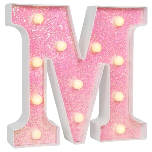 Image of Pink Glitter Marquee Light Up Letters, Battery Operated LED Letter Lights Signs for Pink Birthday Party Table Decorations, Wall Decor for Girls Bedroom, Initial Letter M with Warm White Lights