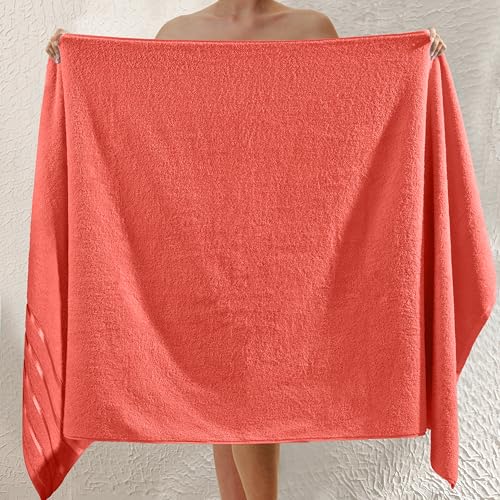 Image of Elegant Comfort 100% Turkish Cotton 4 Lines Viscose Stripe Jumbo Bath Towel - Hotel Spa Quality Extra Large 35 x 70 Inch Bath Towel Ultra Soft, Super Absorbent Quick Dry Large Bath Towel, Coral