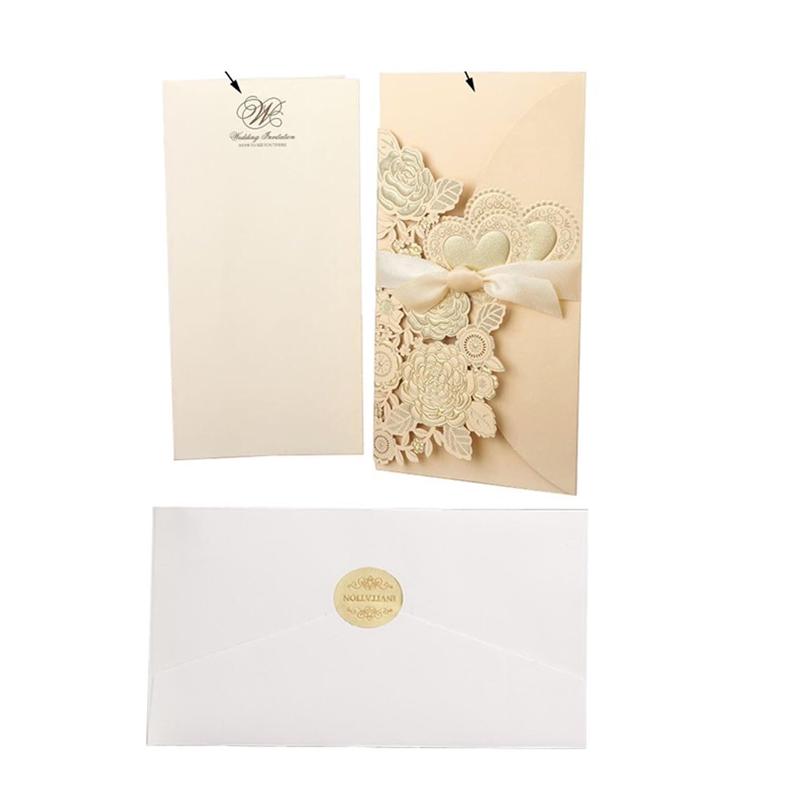 Einladungskarten Hochzeit 5/10 Stück lasergeschnittene Hochzeitseinladungen, Liebesherzen, individuelle Grußkarten mit Band, Brautparty, Hochzeit, Partyzubehör(One Set Gold,5pcs)