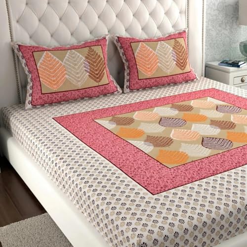 Image of JAIPUR PRINTS 100% Cotton Rajasthani Jaipuri Traditional Floral Queen Size Double Bedsheet with 2 Pillow Covers - Multicolor, 180-200 tc (Pink Lite)