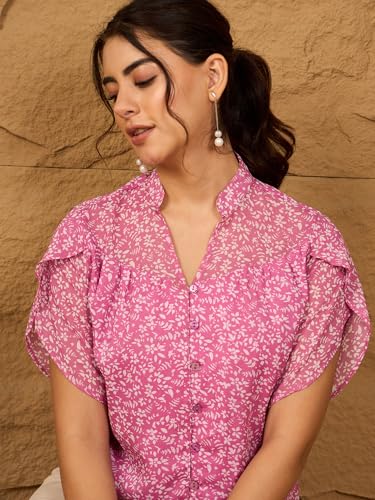 Image of Rare Women Casual Pink Colour V-Neck Abstract Shirt Style Top